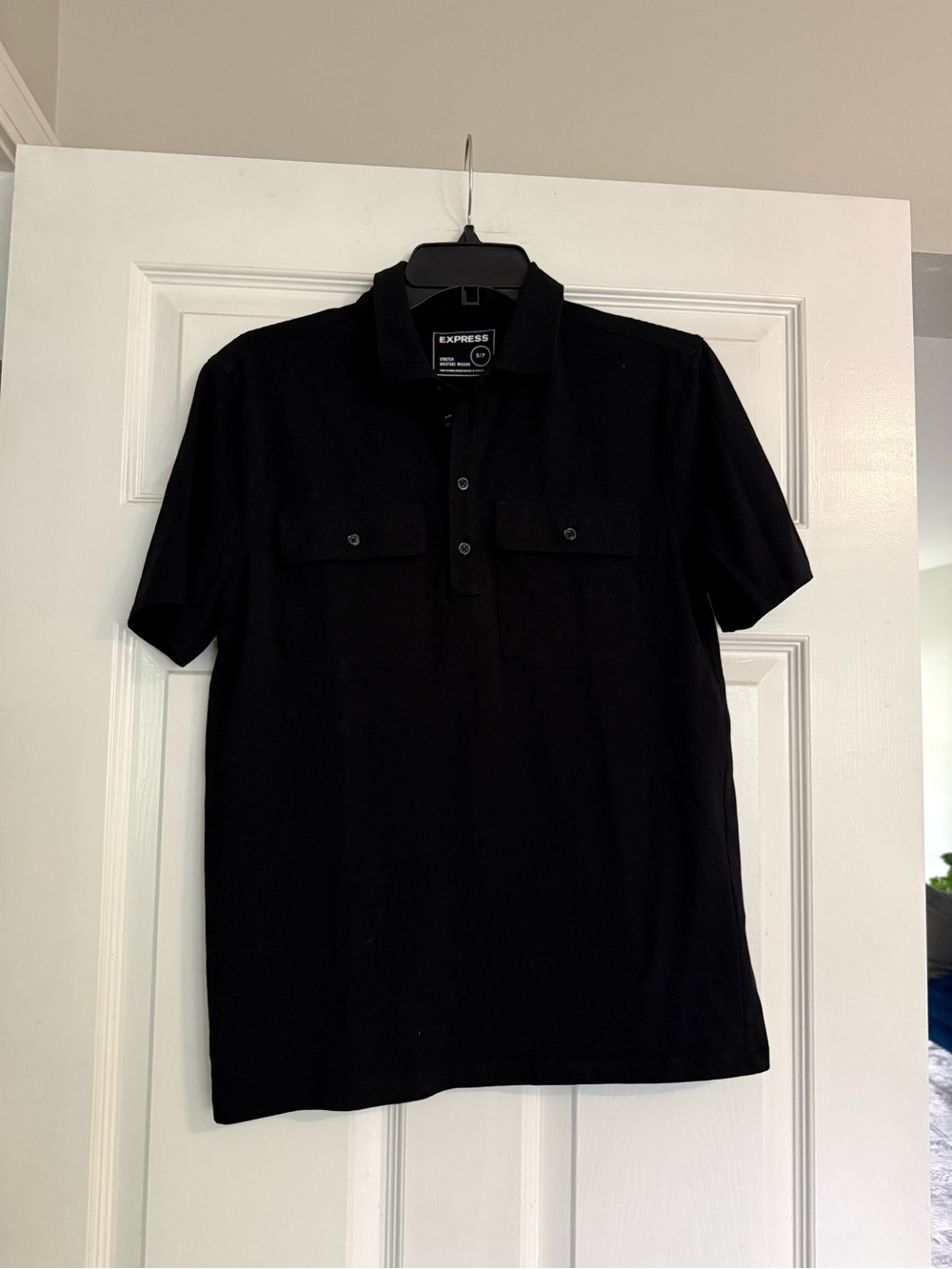 Express Men’s Black Short-Sleeve Polo with Dual Chest Flap Pockets